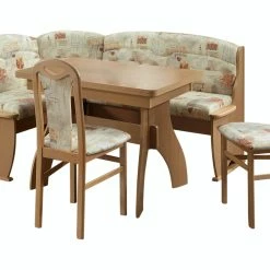 Null Truhen-Eckbankgruppe, Buche Natur Dekor Bzw. Buche Massiv Naturfarbig; Eckbank, 2 Stühle + Winkelwangentisch; Mikrofaser Sandfarbig Gemustert