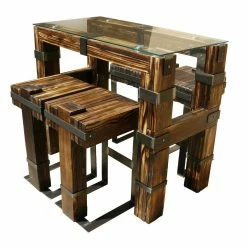 Null Set BarMöbel (Natur, 120x60 см+4H) DROHOBYCZ Barstuhl Bartisch Stehtisch Barhocker Modernes Design Massivholz Glas Loft Handmade Vintage Deco