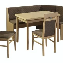 Null Truhen-Eckbankgruppe, Buche Natur Dekor Bzw. Buche Massiv Naturfarbig; Eckbank, 2 Stühle + Vierfußtisch; Flachgewebe Camelbraun